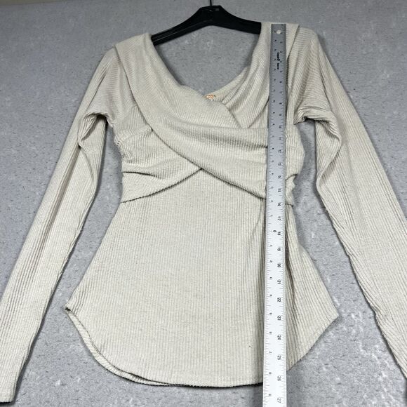 Free People Marley Shirt L Off White Off The Shoulder Ribbed V-Neck Pullover - Picture 7 of 12